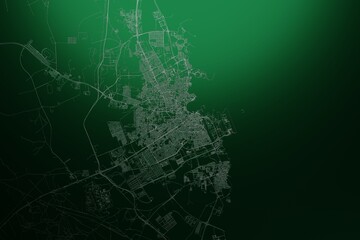 Street map of Doha (Qatar) engraved on green metal background. Light is coming from top. 3d render, illustration
