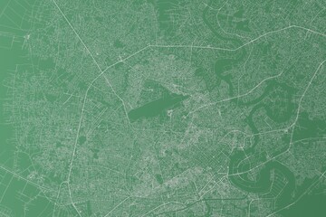 Stylized map of the streets of Ho Chi Minh (Vietnam) made with white lines on green background. Top view. 3d render, illustration