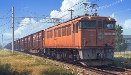 Fototapeta premium Freight train moving on the railway. Locomotive for transporting goods in wagons.