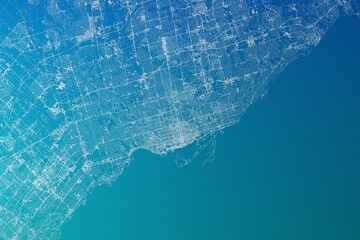 Map of the streets of Toronto (Canada) made with white lines on greenish blue gradient background. 3d render, illustration