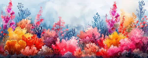 Watercolor abstract coral reef with diverse marine life.
