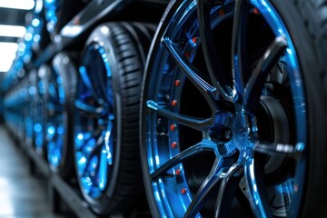 Close-up of a Blue and Black Alloy Wheel