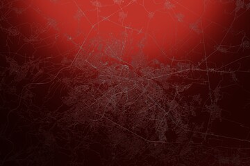 Street map of Sofia (Bulgaria) engraved on red metal background. Light is coming from top. 3d render, illustration