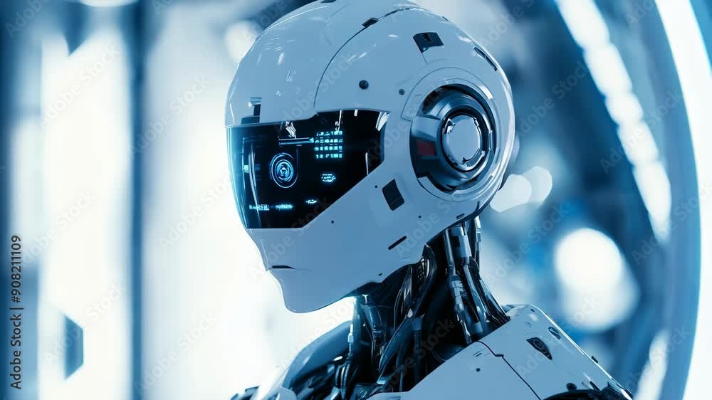 Poster Futuristic humanoid robot with digital interface. Future AI technology, Artificial intelligence concept. Robotics and cybernetic systems. 