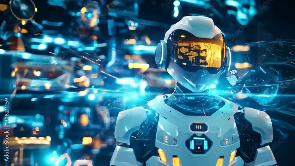Poster Futuristic humanoid robot with digital interface. Future AI technology, Artificial intelligence concept. Robotics and cybernetic systems. 