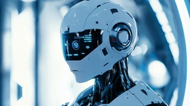 Futuristic humanoid robot with digital interface. Future AI technology, Artificial intelligence concept. Robotics and cybernetic systems. 