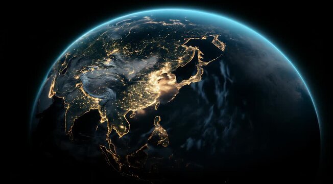 Detailed view of Earth at night from space showing illuminated regions of Asia with visible city lights.