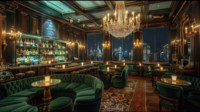 An opulent speakeasy bar with green velvet seating, illuminated by vintage chandeliers and set against the backdrop of New York City. Generative AI.
