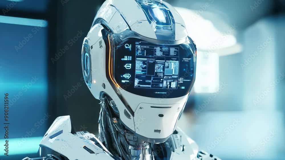 Poster Futuristic humanoid robot with digital interface. Future AI technology, Artificial intelligence concept. Robotics and cybernetic systems. 