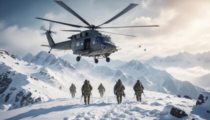 Obraz premium A group of soldiers stationed at the top of a snowy mountain, standing in formation amidst the freezing cold, as a military helicopter approaches to pick them up, its rotors kicking up snow into the a