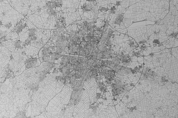Fototapeta premium Map of the streets of Munich (Germany) made with black lines on grey paper. Top view. 3d render, illustration