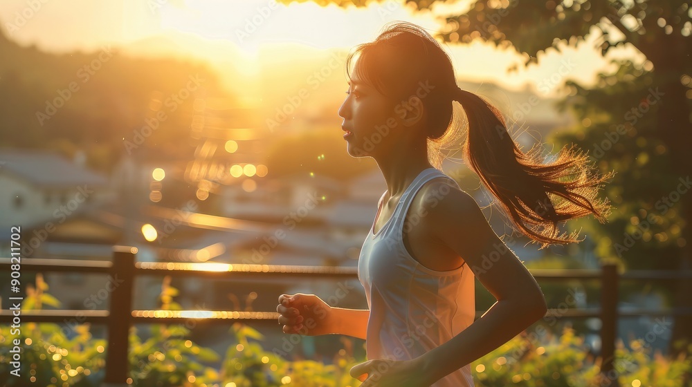 Poster A Japanese young woman running, summer sunlight. Generative AI.