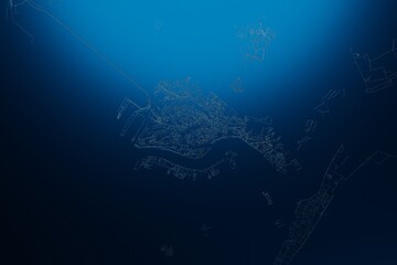 Street map of Venice (Italy) engraved on blue metal background. View with light coming from top. 3d render, illustration