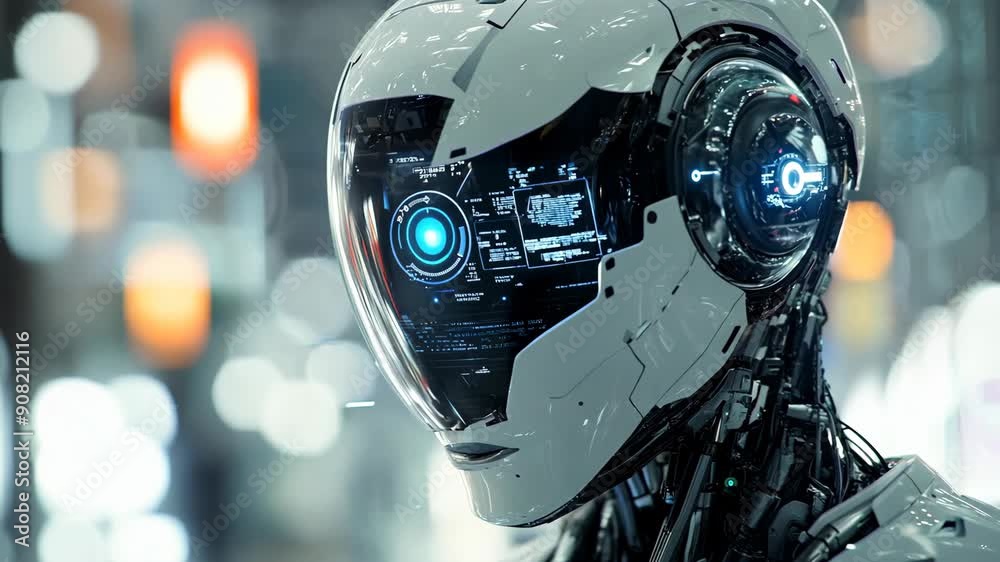 Poster Futuristic humanoid robot with digital screen interface. Future AI technology, Artificial intelligence concept. Robotic and cybernetic systems. 