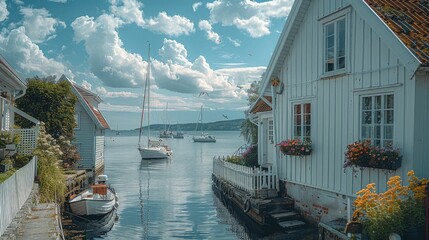 The small harbor of a hamlet, white wooden houses with vertical boards and small cosy Windows, white picket fences, an assortment of sailing boats moored in the harbor. Generative AI.