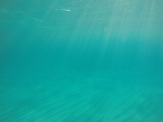 underwater scene with sunlight piercing through the sea surface, illuminating the depths and creating beams of light that dance across the water. The interplay of light and water produces a serene, et