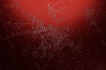 Street map of Belgrade (Serbia) engraved on red metal background. Light is coming from top. 3d render, illustration