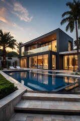 Fototapeta premium A modern villa exterior with a sleek and contemporary design with clean lines and large windows