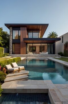 A modern villa exterior with a sleek and contemporary design with clean lines and large windows
