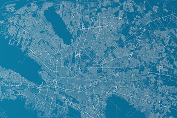 Map of the streets of Monterrey (Mexico) made with white lines on blue background. 3d render, illustration