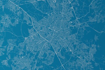 Map of the streets of Campinas (Brazil) made with white lines on blue background. 3d render, illustration