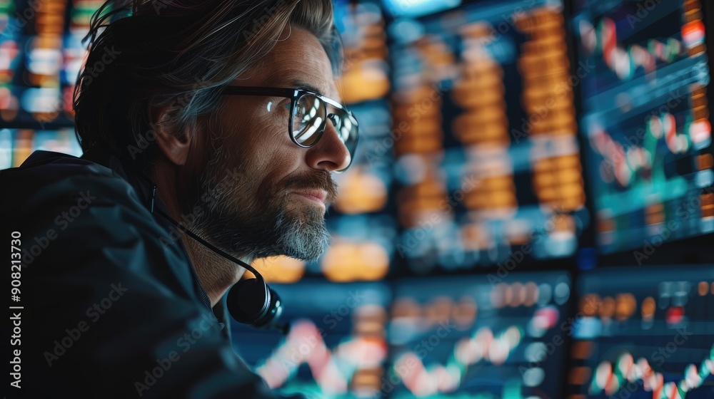 Poster Man trading stock in front of professional stock exchange computer. Generative AI.