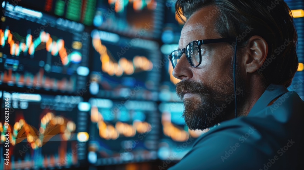 Aufkleber Man trading stock in front of professional stock exchange computer. Generative AI.