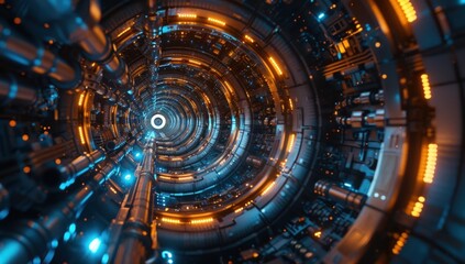 Obraz premium Blue technology background, close-up of the central mechanical device inside an energy plant in focus.