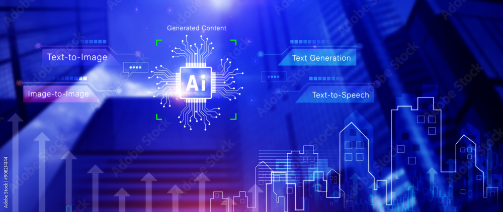 Poster ai tech, artificial intelligence to generate content, text to image, speech, smart ai, using command
