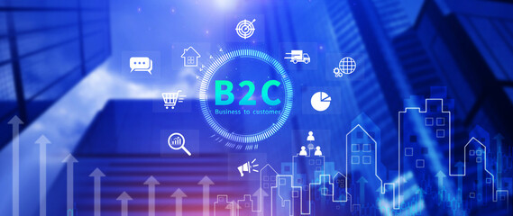 B2C, Business to customer marketing strategy concept, B2C icon for business strategy, communication, feedback, online marketing, Ecommerce marketing strategy.