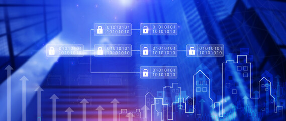 Blockchain technology concept with chain of encrypted blocks to secure cryptocurrencies and bitcoin for online payments and money transaction.