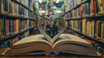 Fototapeta premium Heart On A Shelf. Closeup of an Open Book Shaped as a Heart in a Library Setting