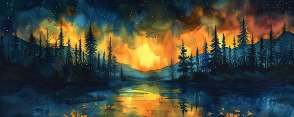 Fototapeta premium Abstract night sky with aurora borealis in watercolor.