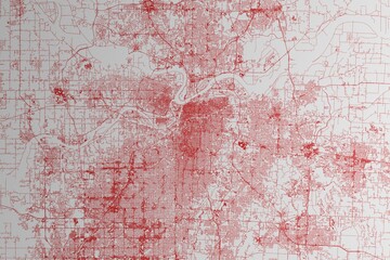 Obraz premium Map of the streets of Kansas City (Missouri, USA) made with red lines on white paper. 3d render, illustration
