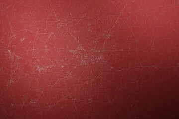 Map of the streets of Greensboro (North Carolina, USA) made with white lines on abstract red background lit by two lights. Top view. 3d render, illustration