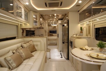 Inside RV. White and Modern Interior Design of Dining Booth in Room