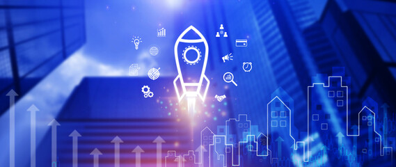 Startup business concept, rocket launching and flying to sky for growing business, fast business success, startup founder, network connection, idea generation, digital marketing success.