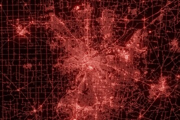 Street map of Dayton (Ohio, USA) made with red illumination and glow effect. Top view on roads network. 3d render, illustration