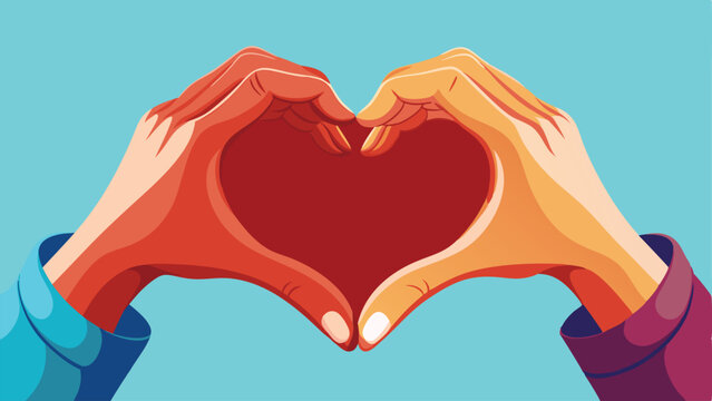 close-up of couple hands making heart shape. heart in the blue background