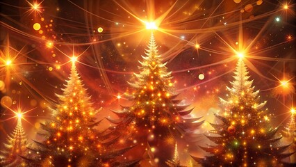 Obraz premium Glowing Christmas trees with golden lights and bokeh, festive holiday atmosphere