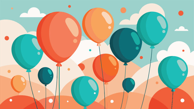 balloons floating in the sky with clouds, coral orange and turquoise balloons rising in the  sky.