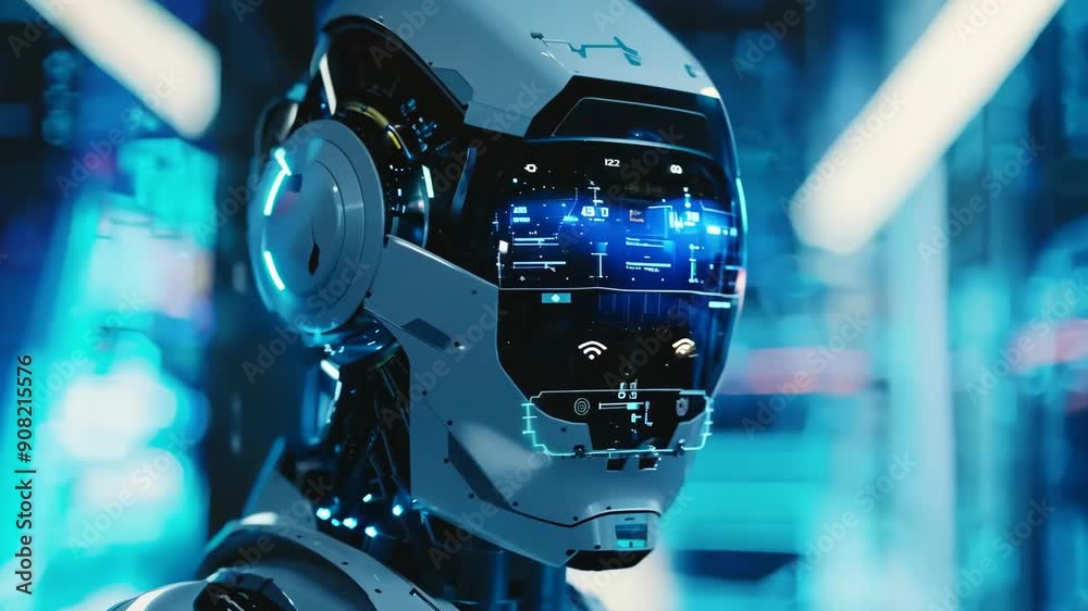 Poster Futuristic humanoid robot with digital interface. Future AI technology, Artificial intelligence concept. Robotics and cybernetic systems. 