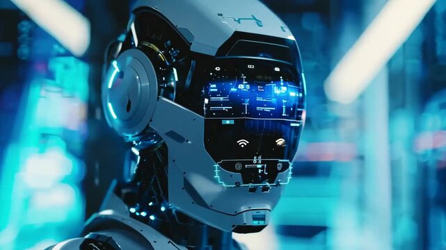 Futuristic humanoid robot with digital interface. Future AI technology, Artificial intelligence concept. Robotics and cybernetic systems. 