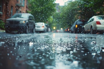 Fototapeta premium Hail Falling. Stormy Spring Day: Rain and Hail on City Street Background
