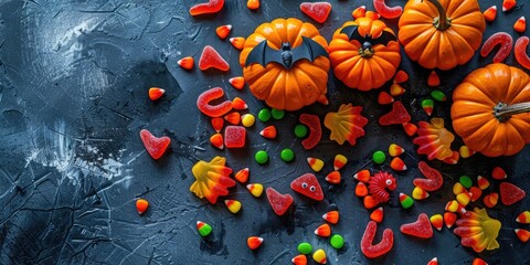 Halloween Candy Flat Lay - Pumpkins and Decorations Overhead View with Bat and Gummy Worm