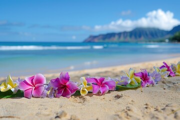 Fototapeta premium Lei Aloha. Hawaiian Luau Party with Flower Lei on Waikiki Beach in Honolulu, Oahu