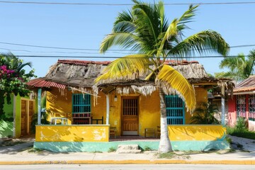 Obraz premium Mexico Beach House. Traditional Caribbean House with Palm Tree on Oceanfront