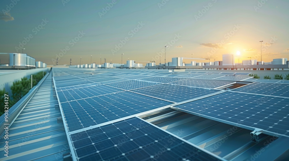 Poster close-up view of photovoltaic solar panels on a large commercial building roof, showing both panels 