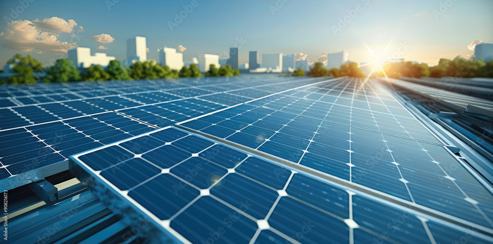 Poster close-up view of photovoltaic solar panels on a large commercial building roof, showing both panels 