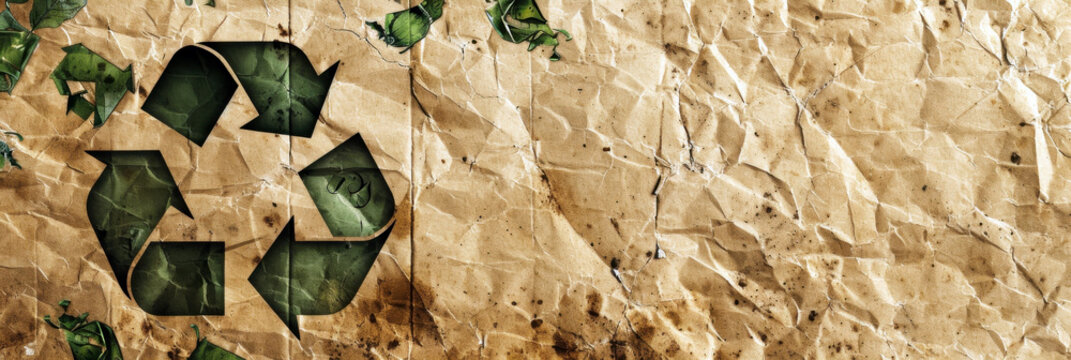 Global Recycling Day. Green recycling symbol, paper background. Horizontal banner. Copy space. America Recycles Day. Eco concept of reduce, reuse, save the planet, environmental preservation